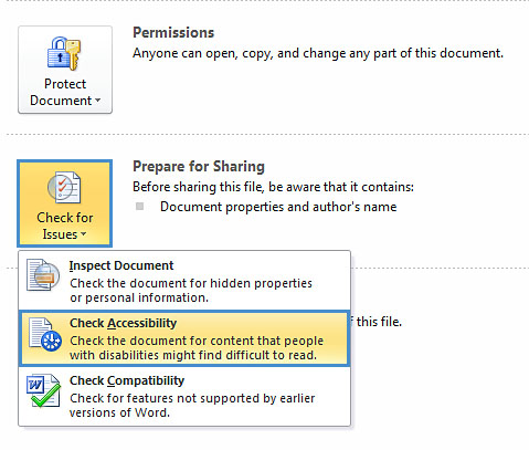 Image demonstrates location of Check Accessibility option in Check for Issues drop-down menu.